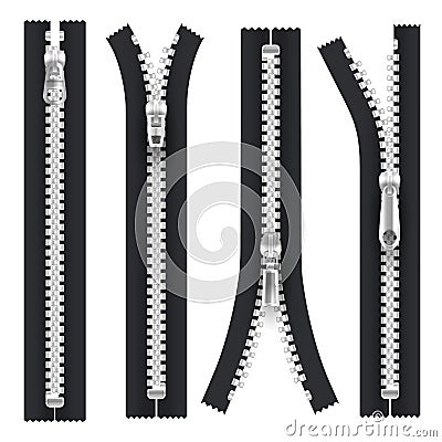 Zippers with silver zip puller hasp, open, closed Stock Photo