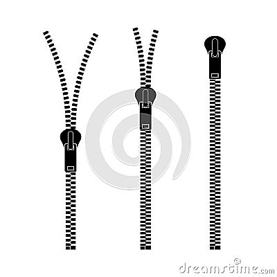 Zippers type set fastener. Metallic closed and open zippers and pullers. Vector illustration Vector Illustration