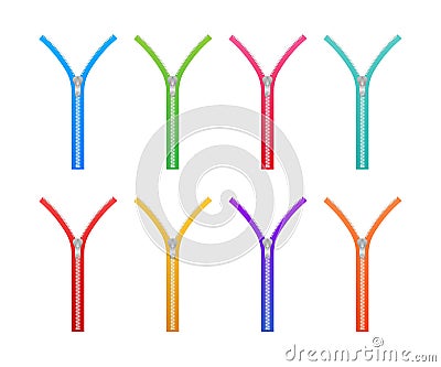 Zippers type set fastener. Metallic closed and open zippers and pullers. Vector illustration Vector Illustration