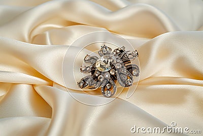 zircon brooch on creamcolored silk, elegantly spotlighted Stock Photo