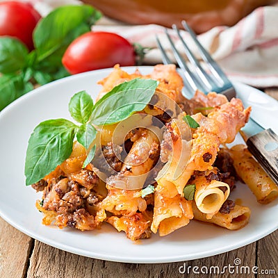 Ziti bolognese on a white plate, pasta casserole with minced meat, tomato sauce and cheese, square Stock Photo