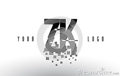 ZK Z K Pixel Letter Logo with Digital Shattered Black Squares Vector Illustration