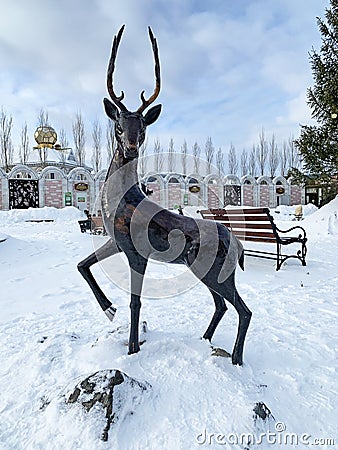 Zlatoust, Chelyabinsk region, Russia, January, 19, 2020. Mining Park of a name of P. P. Bazhov on the Red hill in the winter. Fair Editorial Stock Photo