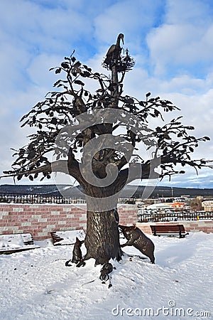 Zlatoust, Chelyabinsk region, Russia, January, 19, 2020. Tree of wishes in mountain Park named after Bazhov on Red hill in winter Editorial Stock Photo