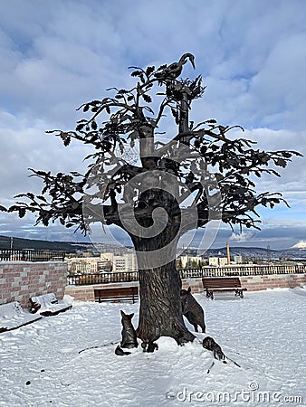 Zlatoust, Chelyabinsk region, Russia, January, 19, 2020. Tree of wishes in mountain Park named after Bazhov on Red hill in winte Editorial Stock Photo