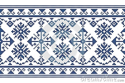 Zmijanski vez traditional cross stitch style vector seamless pattern - long horizontal design inspired by folk art from Bosnia and Vector Illustration