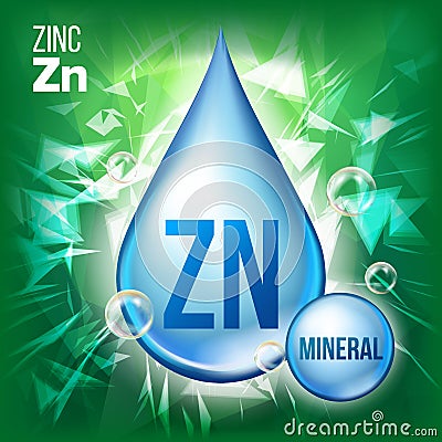 Zn Zinc Vector. Mineral Blue Drop Icon. Vitamin Liquid Droplet Icon. Substance For Beauty, Cosmetic, Heath Promo Ads Vector Illustration