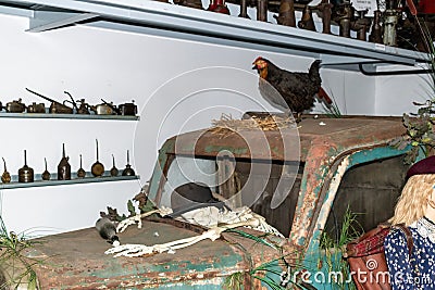 Funny exposition of an old car with the skeleton of a Znojmo driver Editorial Stock Photo