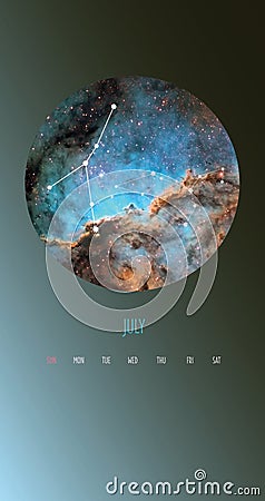 Zodiac calendar. Circle with galaxies and stars zodiac constellations. Stock Photo