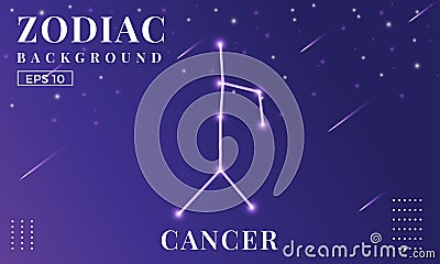 Zodiac Cancer background at night with beautiful shooting star and stars ornaments. Perfect for copybook brochures, school books, Vector Illustration