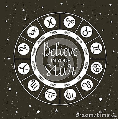 Zodiac circle with horoscope signs and inspiring phrase Believe in your star. Hand drawn Vector illustration. Cartoon Illustration