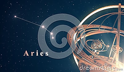 Zodiac Constellation Aries And Armillary Sphere Over Blue Background Stock Photo