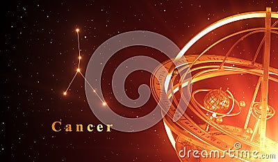 Zodiac Constellation Cancer And Armillary Sphere Over Red Background Stock Photo