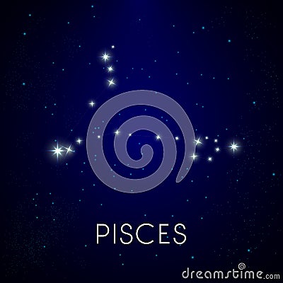 Zodiac constellation of Pisces, astrology horoscope and stars in night sky Vector Illustration
