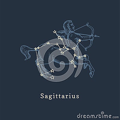 Zodiac constellation of Sagittarius in engraving style. Vector retro graphic illustration of astrological sign Centaur. Vector Illustration
