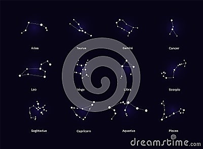 Zodiac constellation set. Aries taurus gemini cancer leo virgo libra scorpio pisces zodiacal astrology elements, horoscope signs Vector Illustration