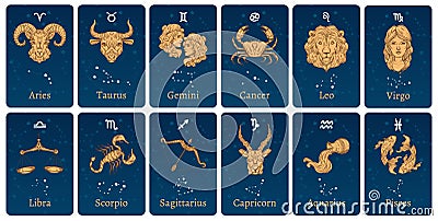 Zodiac constellations and signs. Horoscope cards with constellation stars, decorative zodiac sketch symbols vector Vector Illustration