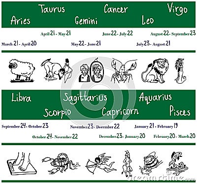 Zodiac drawings on white Vector Illustration