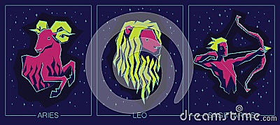 Zodiac Fire Signs. Aries, Leo, Sagittarius. Vector Illustration