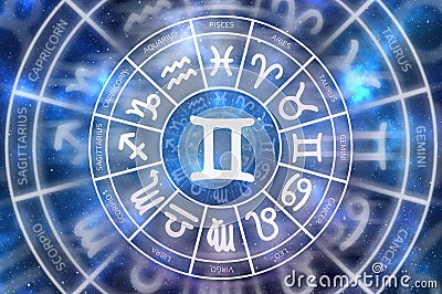 Zodiac Gemini symbol inside of horoscope circle Stock Photo