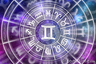 Zodiac Gemini symbol inside of horoscope circle Stock Photo