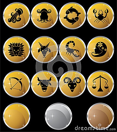 Zodiac Horoscope Icons - Gold Round Vector Illustration