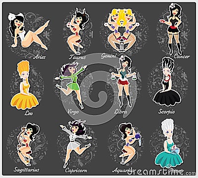 Zodiac horoscope signs with beautiful girls Vector Illustration