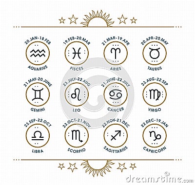 Zodiac icon collection. Sacred symbols set. Vintage style design elements of horoscope and astrology purpose. Thin line Vector Illustration