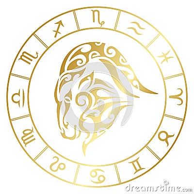 Zodiac sign capricorn and circle constellations in maori tattoo style. Gold on white background vector illustration Vector Illustration