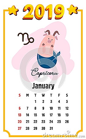 Zodiac pig Capricorn. Chinese horoscope symbol 2019 year. Child artoon horoscope colorful illustration isolated on white backgroun Cartoon Illustration
