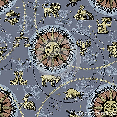 Zodiac seamless pattern background with the sun, signs and the constellations Vector Illustration