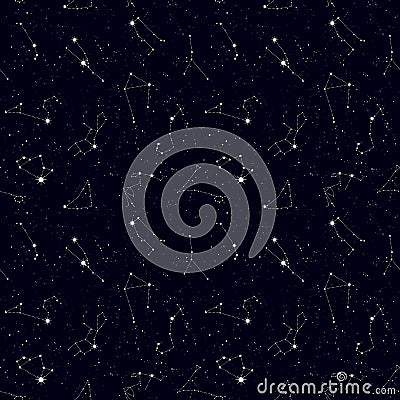 Zodiac seamless pattern, space, star constellations, horoscope symbols. Texture for wallpapers, fabric, wrap, web page backgrounds Vector Illustration
