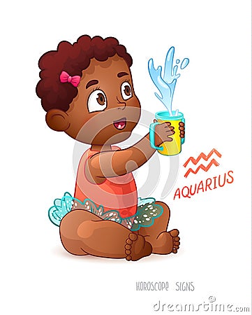 Zodiac sign Aquarius. African American Cute Girl Enjoys Splashes in Feeding Cup. Water Game Vector Illustration