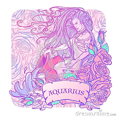 Zodiac sign Aquarius. Beautiful young man with long hair holding large amphora. Vector Illustration