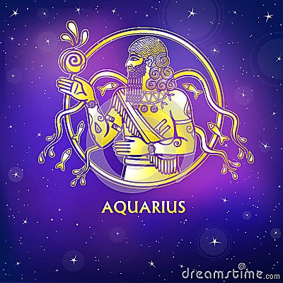 Zodiac sign Aquarius. Character of Sumerian mythology. Gold imitation. Vector Illustration