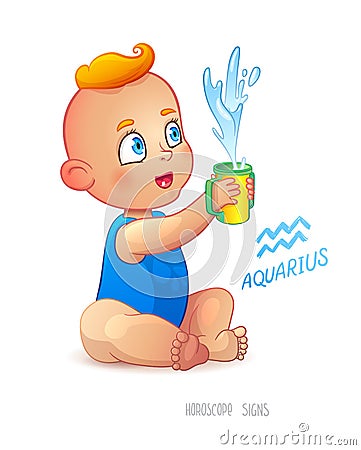 Zodiac sign Aquarius. Happy babyboy enjoys splashes in feeding cup. Water Game. Horoscope Vector Illustration