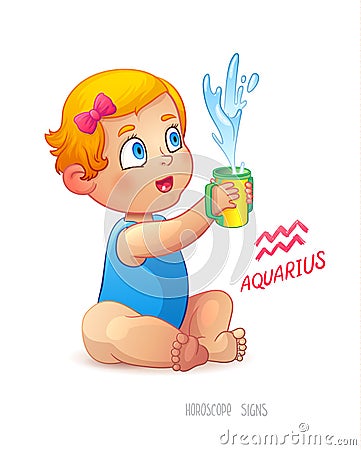 Zodiac sign Aquarius. Happy babygirl enjoys splashes in feeding cup. Water Game. Horoscope sign Aquarius Vector Illustration