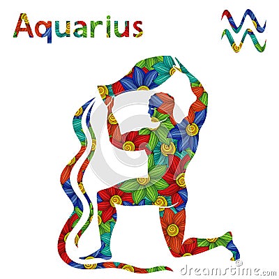 Zodiac sign Aquarius with stylized flowers Vector Illustration