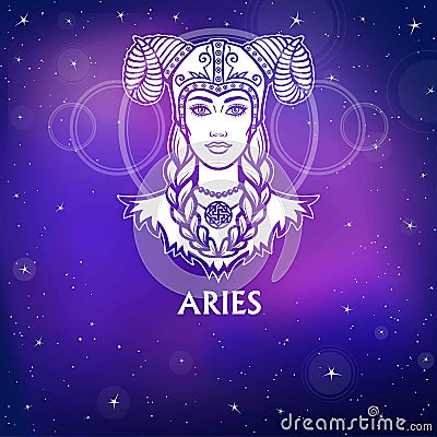 Zodiac sign Aries. Fantastic princess, animation portrait. White drawing, background - the night stellar sky. Vector Illustration