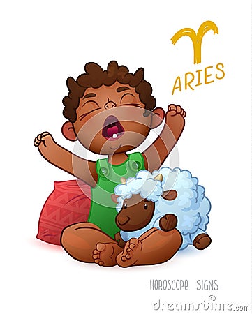 Zodiac sign Aries. Horoscope Sign Aries. African Americam child enjoys playing Sheep. Wake up Baby Vector Illustration