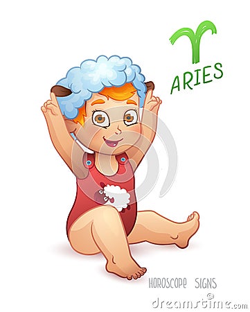 Zodiac sign Aries. Horoscope Sign Aries. Redhead Babyboy enjoys playing Sheep Hat Vector Illustration