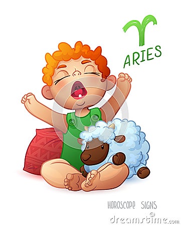 Zodiac sign Aries. Horoscope Sign Aries. Redhead Babyboy enjoys playing Sheep. Wake up Baby Vector Illustration