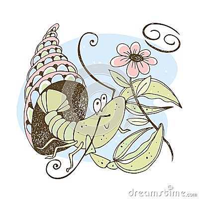 Zodiac sign Cancer. Cute crustacean with a flower sitting in a shell. Vector Stock Photo