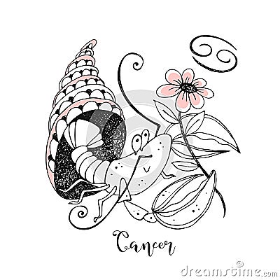 Zodiac sign Cancer. Cute crustacean with a flower sitting in a shell. Vector Vector Illustration