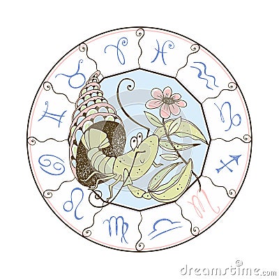 Zodiac sign Cancer. Cute crustacean with a flower sitting in a shell. Vector Vector Illustration