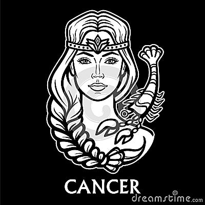 Zodiac sign Cancer. Fantastic princess, animation portrait. Vector Illustration