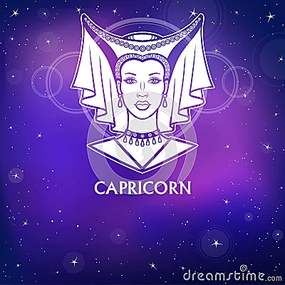 Zodiac sign Capricorn. Fantastic princess, animation portrait. White drawing, background - the night stellar sky. Vector Illustration