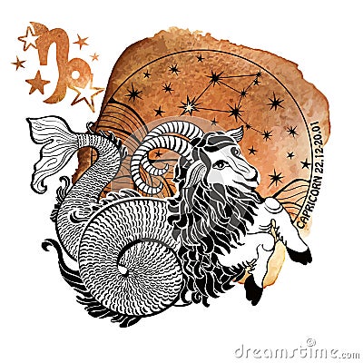 Zodiac sign Capricorn.Horoscope circle.Watercolor Vector Illustration