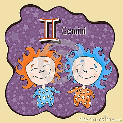 Zodiac sign cartoon Gemini, astrological character, hand drawing. Painted funny gemini in the frame in the form of an abstract pur Vector Illustration