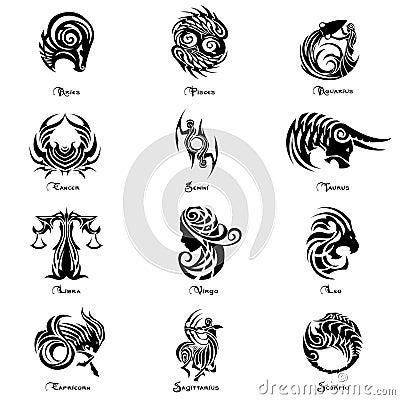 Zodiac Sign complete Set tattoo style Vector Illustration